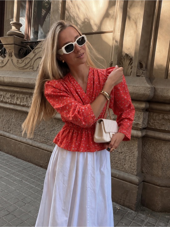 Zara Tops - ZARA Floral Peplum Blouse XS Puff Sleeve Cottagecore Romantic Red Top
